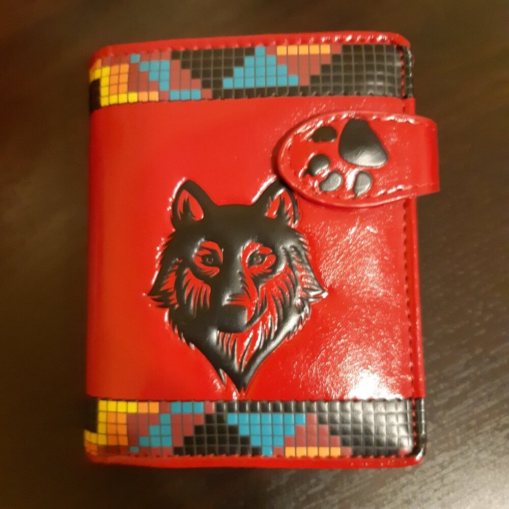 Shagwear Bifold Vegan Leather Red Wallet Black Wolf Dreamcatcher